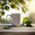 White Mug on Wooden Tabletop with Green Leaves, Generative AI Royalty Free Stock Photo