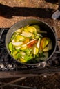 White mulled wine with mandarins, apples, and mint in a pot on hot coals. Picnic in the forest. Ideal for outdoor and festive Royalty Free Stock Photo