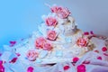 White multi level wedding cake with pink roses flower decorations Royalty Free Stock Photo