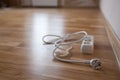 white multi plug electrical power strip with long cable for extend the power supply cord Royalty Free Stock Photo