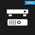 White Multimedia and TV box receiver and player with remote controller icon isolated on black background. Vector Royalty Free Stock Photo