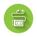 White Museum audio guide icon isolated with long shadow. Headphones for excursions. Green circle button. Vector