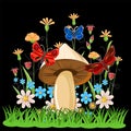 White mushroom against the background of a night flowering meadow and butterflies. Cartoon flat style. Landscape