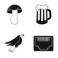 White mushroom, a glass of beer and other web icon in black style. Orel, connector for cable icons in set collection.