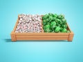 White mushrooms garlic green peppers on wooden tray 3d render on blue background with shadow