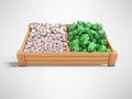 White mushrooms garlic green peppers on wooden tray 3d render on gray background with shadow