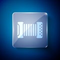 White Musical instrument accordion icon isolated on blue background. Classical bayan, harmonic. Square glass panels