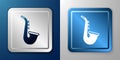White Musical instrument saxophone icon isolated on blue and grey background. Silver and blue square button. Vector Royalty Free Stock Photo