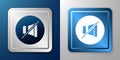 White Mute microphone icon isolated on blue and grey background. Microphone audio muted. Silver and blue square button