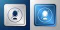White Mute microphone icon isolated on blue and grey background. Microphone audio muted. Silver and blue square button