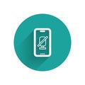 White Mute microphone on mobile phone icon isolated with long shadow. Microphone audio muted. Green circle button