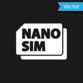 White Nano Sim Card icon isolated on black background. Mobile and wireless communication technologies. Network chip
