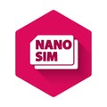 White Nano Sim Card icon isolated with long shadow. Mobile and wireless communication technologies. Network chip