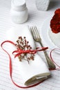 White napkin decorated with red ribbon Christmas plant, table se Royalty Free Stock Photo