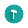 White Native american tomahawk axe icon isolated with long shadow. Green circle button. Vector