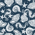 White and navy seashell seamless pattern print background design