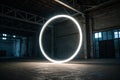 White neon glowing circle on dark interior Royalty Free Stock Photo