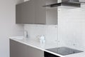 White new modern kitchen with counter top and exhaust hood.