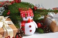 White New Year photo background with a snowman and decoration