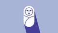 White Newborn baby infant swaddled or swaddling icon isolated on purple background. Baby kid child wrapped in blanket