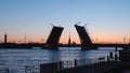 WHITE NIGHTS: Silhouette of opened Palace Bridge and Chapel of Peter and Paul Fortress background