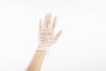 White nitrile gloves. Medic hands in latex gloves, on white background