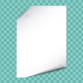 White note notebook paper with curled corners for text or advertising message on squared turquoise background