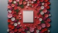 white note paper placed in a field of mixed flowers, against a deep coral colored background. Floral Background