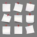 White note papers with thumbtacks. Blank paper notices red push pins vector illustration Royalty Free Stock Photo