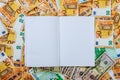 A white notebook with blank pages lay on a set of banknotes of 100 euros, 50 euros and 100 dollars. Royalty Free Stock Photo