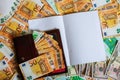 A white notebook with blank pages lay on a set of banknotes of 100 euros, 50 euros and 100 dollars. Royalty Free Stock Photo