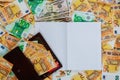 A white notebook with blank pages lay on a set of banknotes of 100 euros, 50 euros and 100 dollars. wallet with EURO Royalty Free Stock Photo