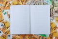 A white notebook with blank pages lay on a set of banknotes of 100 euros, 50 euros and 100 dollars. Royalty Free Stock Photo