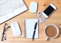 White Notebook, Modem, Earphone, Smartphone, Eyeglass, Coffee, Wireless Mouse at Wooden Desk, Flat Lays or Top View