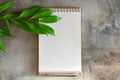 White notebook and sprig of green plant on gray concrete surface. Flat layout, minimalistic workplace concept. Top view Royalty Free Stock Photo