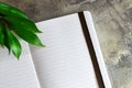White notebook and sprig of green plant on gray concrete surface. Flat layout, minimalistic workplace concept. Top view Royalty Free Stock Photo