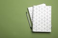 White notebooks and pencil on green background, flat lay. Space for text Royalty Free Stock Photo