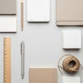 Are white notecards, a beige notebook, and a stack of white square Royalty Free Stock Photo
