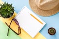 White notepad, green cactus and succulent, violet glasses and straw hat on colored background. Royalty Free Stock Photo