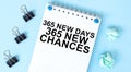 White notepad with text 365 new days 365 new chances and office tools on the blue background Royalty Free Stock Photo