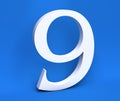 White number 9 Nine on a blue background. 3D Render