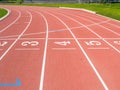 Numbered lanes on red running track Royalty Free Stock Photo