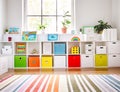 White nursery room with shelves and colourful boxes.