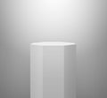 White octagon empty cylinder shape, 3d exhibit displays. Spotlight illuminates pedestal. 3D render