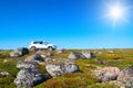 White off-road vehicle on peak of green hill