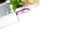 White office desk table with laptop computer, Latte art hot coffee and eye glasses Royalty Free Stock Photo