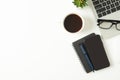 White office desk table with laptop, and smartphone and pen with coffee cup, copy space Royalty Free Stock Photo