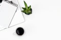 White office desk table layout flat lay, computer, glasses, coffee and note paper. copy space Royalty Free Stock Photo