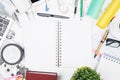 White office desk top with various items Royalty Free Stock Photo