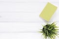 White office desk wooden table background with mock up notebooks and plant. Top view with copy space, flat lay photography. Royalty Free Stock Photo